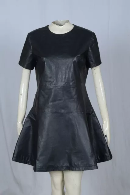 New Black Real Genuine Leather Ladies Woman Party Skater Casual Dress Size 6-22