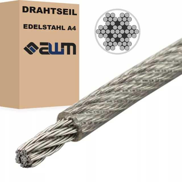 Edelstahl Seil 7x7 PVC - Ummantelt Drahtseil Edelstahlseil VA4 2-5 mm Stahlseil