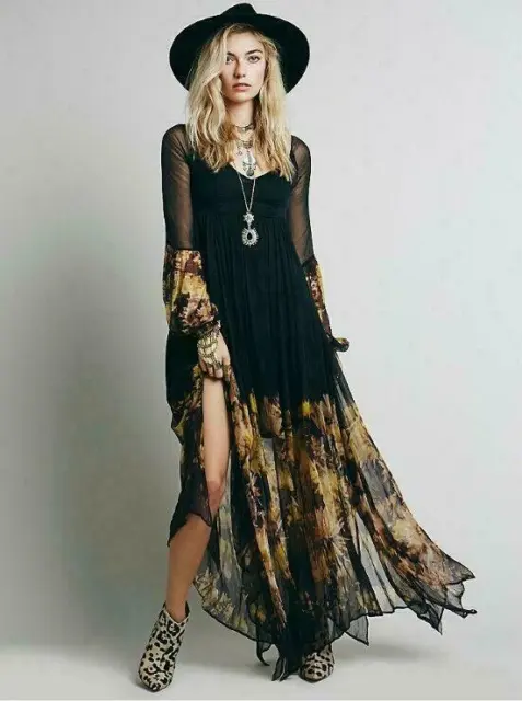 Spring Summer Womens Folded Chiffon Dresses Flower Print Long Sleeve Dress S-3XL