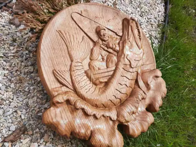 Fisherman Animals Ornament Wood Carved Plaque WALL HANGING ART WORK HOME DECOR