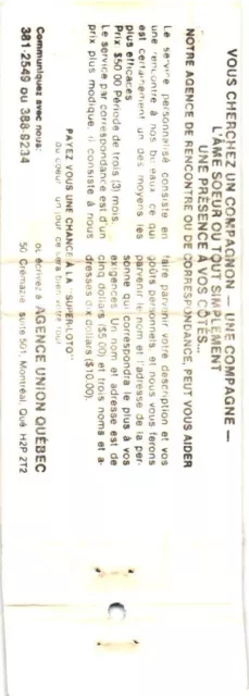 Montreal Quebec Canada Union-Quebec Dating Agencies Vintage Matchbook Cover 2