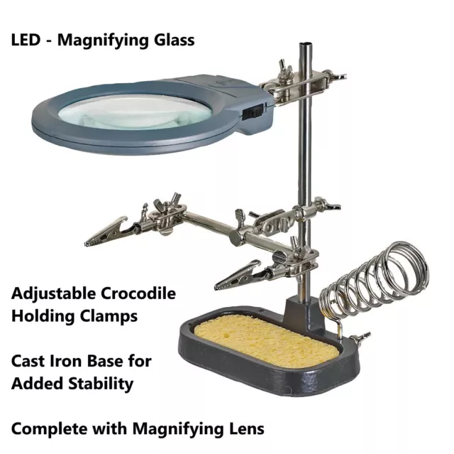 LED Helping Third Hand Soldering Clamps Magnifier Glass Station Stand Holder