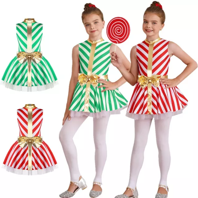 UK Kids Girls Christmas Dance Costume Candy Cane Ballet Fancy Dress Xmas Party