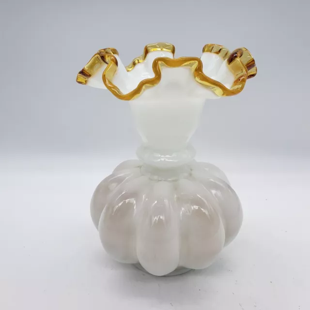 Vintage Fenton Art Gold Crest White Milk Glass Melon Vase Ruffled 8.25" T