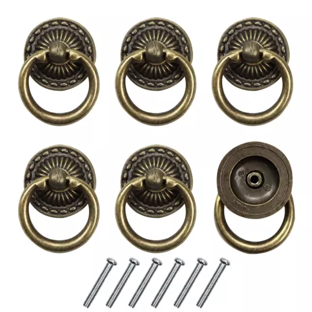 6pcs Vintage Bronze Drop Ring Knobs Pulls Handles with Screws for Dresser Drawer