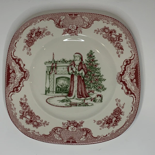 Johnson Bros Old Britain Castles Green Red Christmas Tree Santa Square 8" Plate