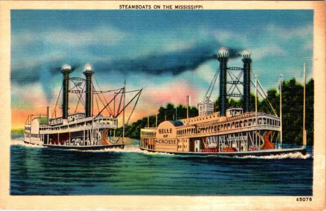 SHIPS, Steamboats "Belle of LaCrosse" on the Mississippi River Linen Postcard