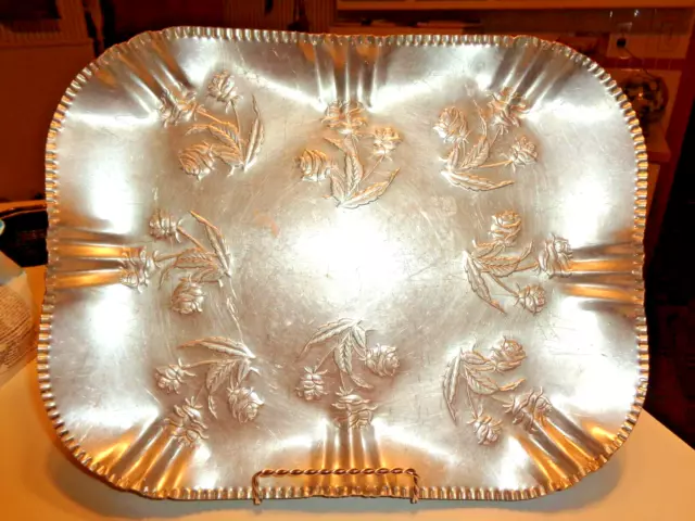 Vintage Floral Hammered Aluminum Serving Tray 13" X 11"