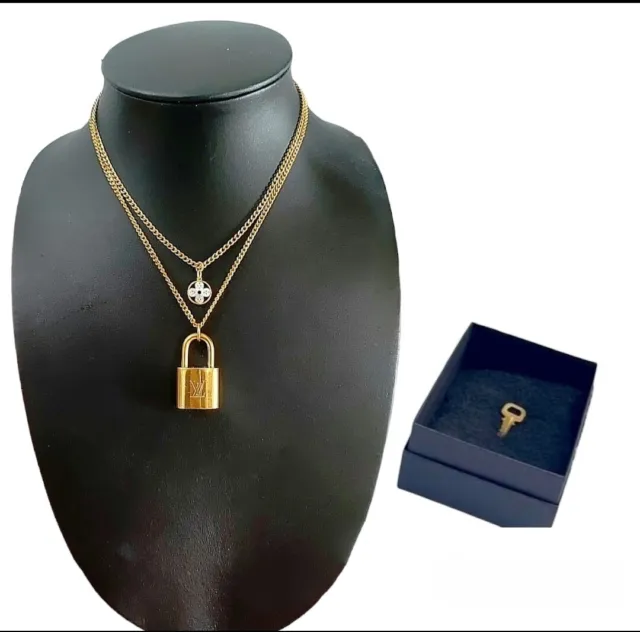 Authentic Louis Vuitton Gold Lock & Key with necklace Vintage flower pendent