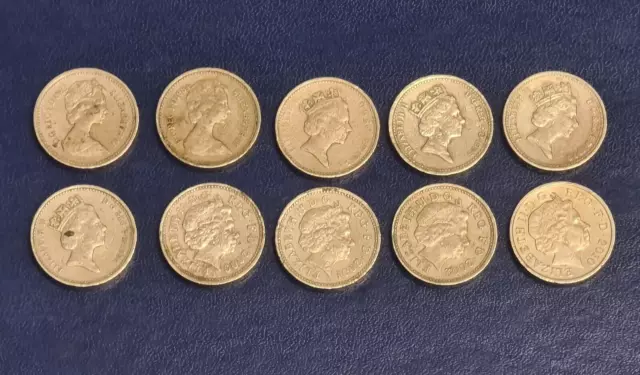 Regno Unito Gran Bretagna set di 10 diverse monete da 1 vecchia sterlina...