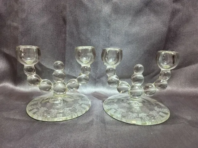 Pair Vintage Paden City Crystal NINE BALL Double Candle Holders w/ Etched Base
