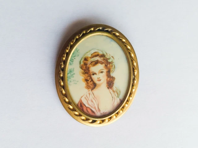 Broche Fantaisie Ancienne Avec Peinture Sous Verre - Bijou Vintage Occasion - Verre Et Métal