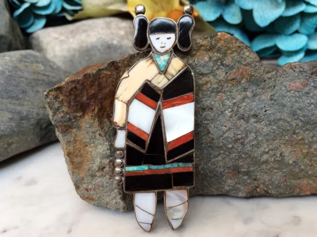 RARE EARLY 1940s NATIVE AMERICAN ZUNI STERLING TURQUOISE CORAL JET MAIDEN PIN 3