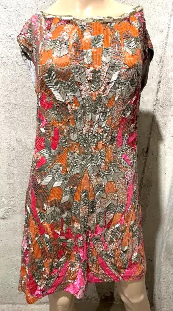 Matthew Williamson Bead Embroidered Pink Orange Silver Cocktail Dress US 8 UK 12