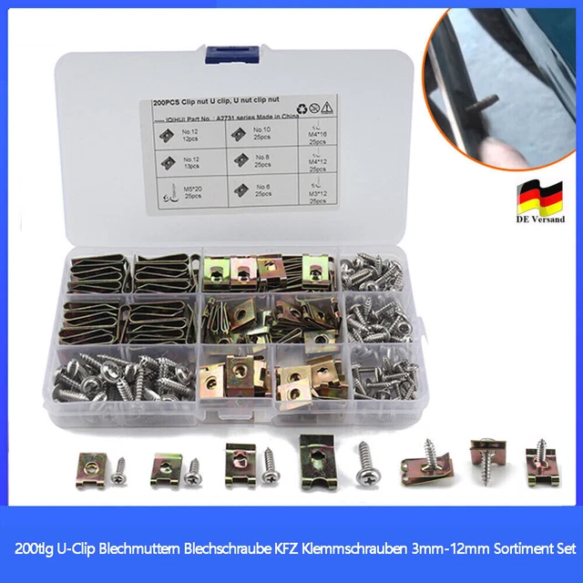 170-teiliges Schnappmuttern Set Verzinkt - U-Clip Muttern & Schrauben Sortiment Für Auto-Innenverkleidungen