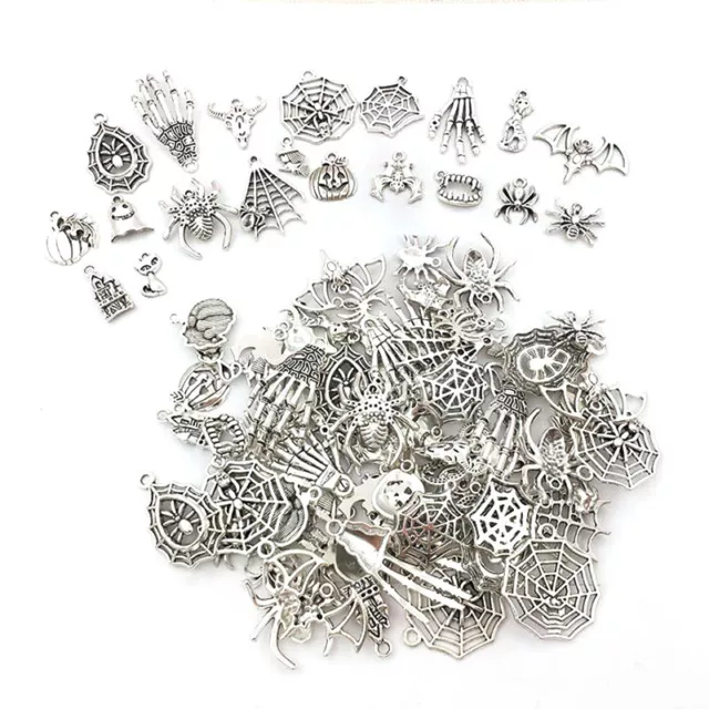 100Pcs Mixed Halloween Spider Skeleton Tibetan Silver Charms Pendants DIY Craft