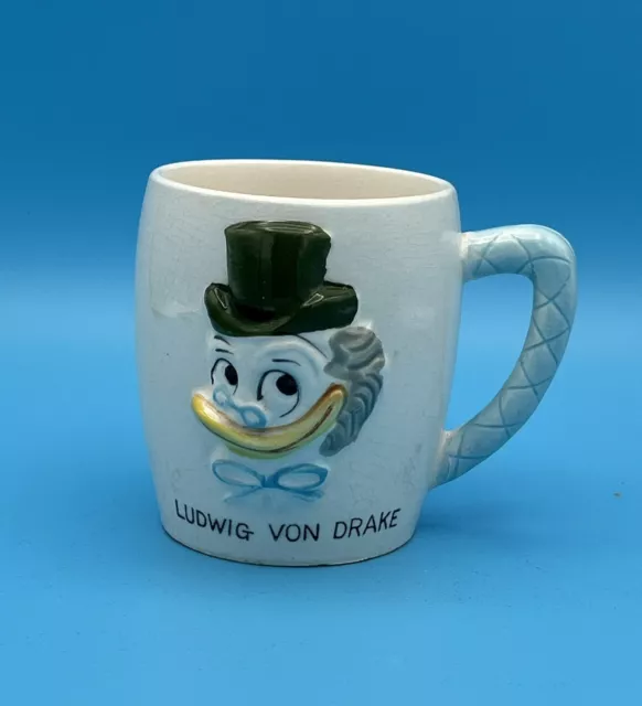 Vintage 1961 Ludwig Von Drake Ceramic Mug Blue Handle Walt Disney Japan Crazed