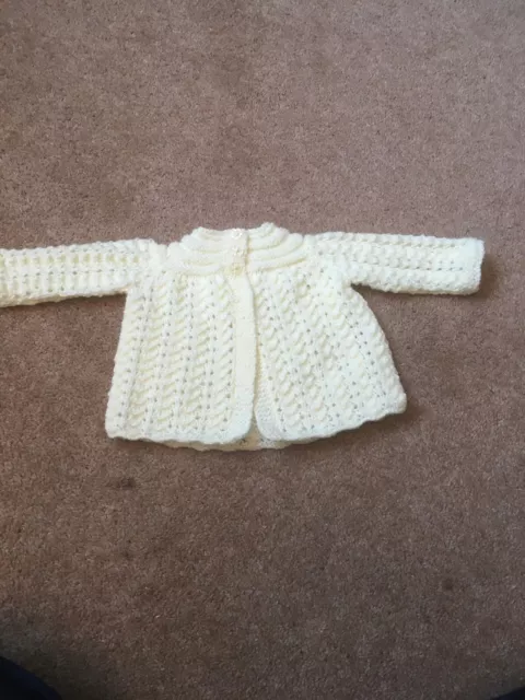 Hand knitted Cream baby Matinee Coat. lace Effect.size 0/3 Months