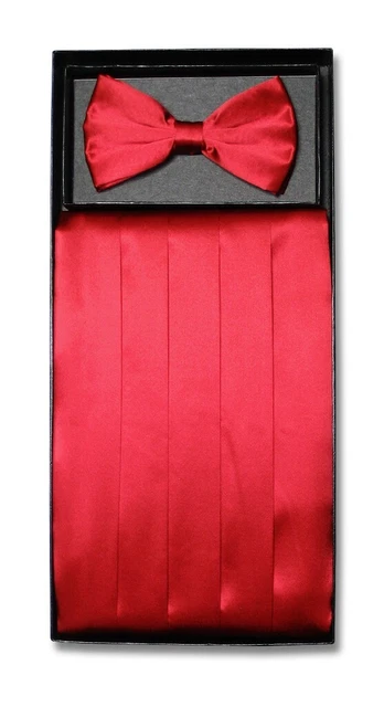 Mens Cumberbund BowTie Solid RED Color Men's Cummerbund Bow Tie Hanky Hankie Set