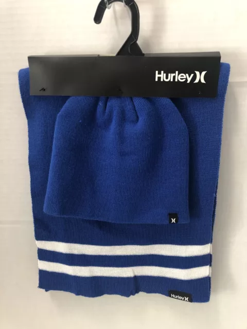 Hurley New Yorker Beanie & Scarf 2 Piece Set Blue White Stripe NWT