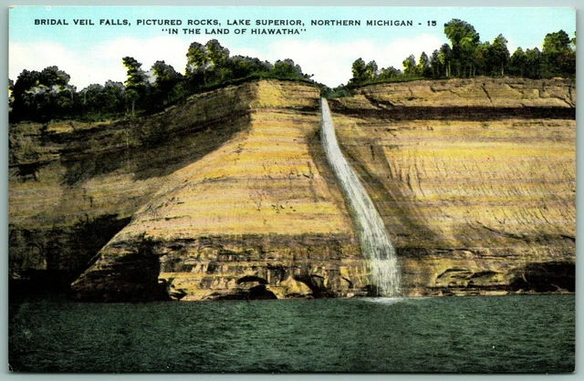 Bridal Veil Falls Lake Superior Northern Michigan MI UNP Linen Postcard F14