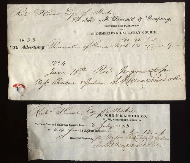 1833 Richard Howat of Mabie, Kirkcudbright, DUMFRIES & GALLOWAY COURIER receipts