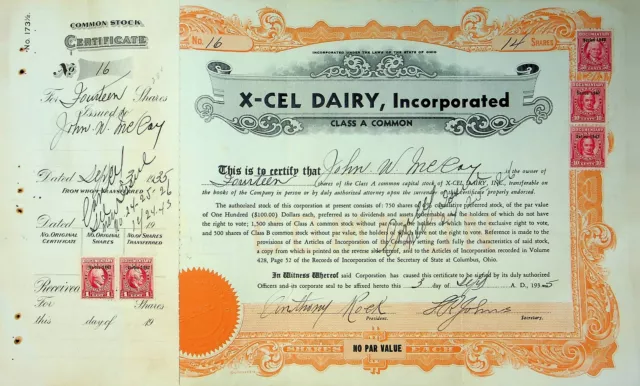 X-Cel Dairy Company Stock Certificate Bond Scripophilly Akron Ohio 1935 No 16 Y