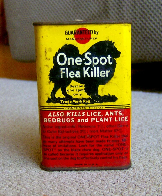 RARE vintage 1920s 1930s One-Spot Flea Killer container/tin/can old DOG GRAPHICS