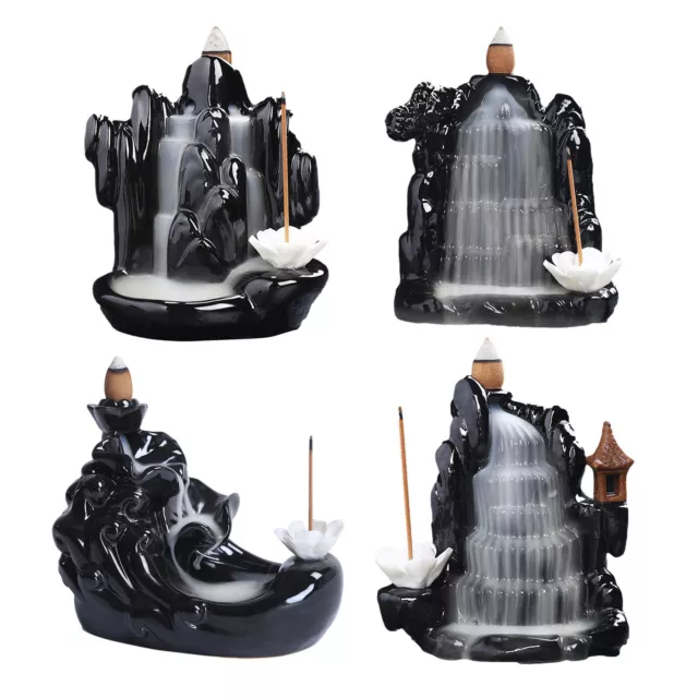 Ceramic Backflow Incense Burner Holder Lotus Waterfall & Incense Cones Gift