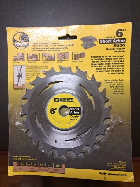 DADO Carbide Tipped Saw Blade Short Arbor 6", cuts groves 3/16" to 9/16"