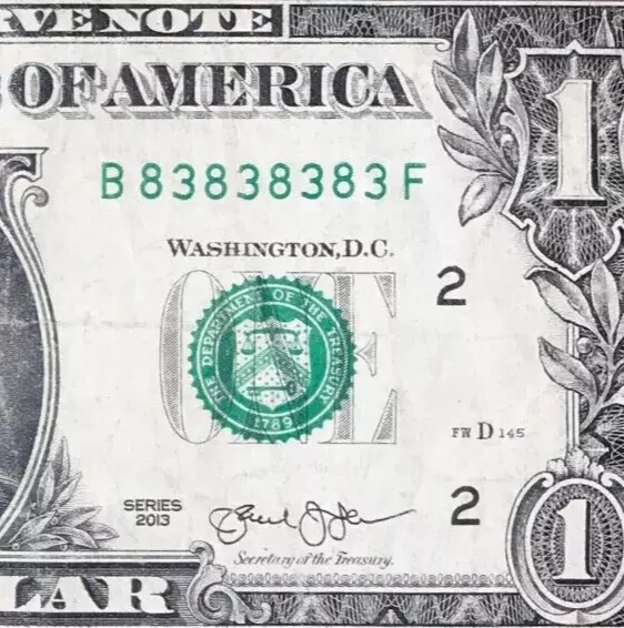 B 83838383 F : BINARY Super Repeater $1 One Dollar Bill Fancy Serial Number