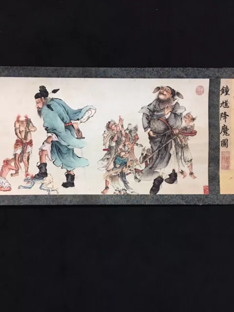 Long Old Chinese Scroll Painting "Zhong Kui Tu" Wooden Box "Wu Daozi" Marks 3