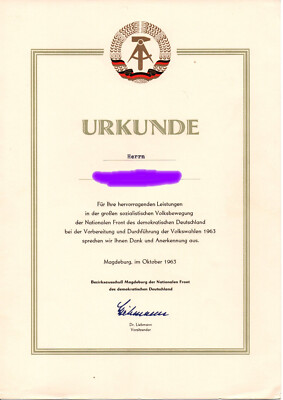 DDR-URKUNDE, ANERKENNUNG ZUR Vorbereitung und Durchführung der Volkswahlen 1963 EUR 1,00 ...