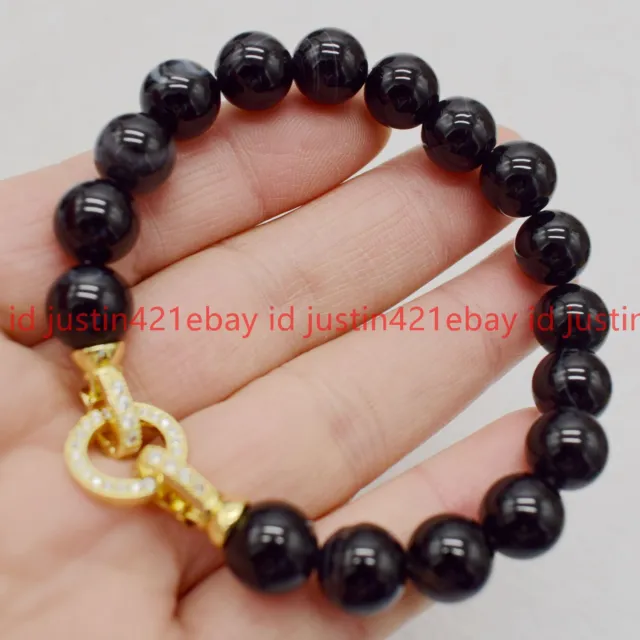 10mm Natural Black Stripe Agate Onyx Round Beads Gemstone Bracelet 7.5 inch