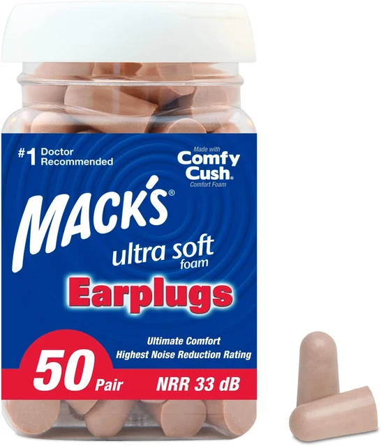 Mack's Ultra Soft Foam Earplugs, 50 Pair - 33dB Highest NRR, Comfortable Ear Plu