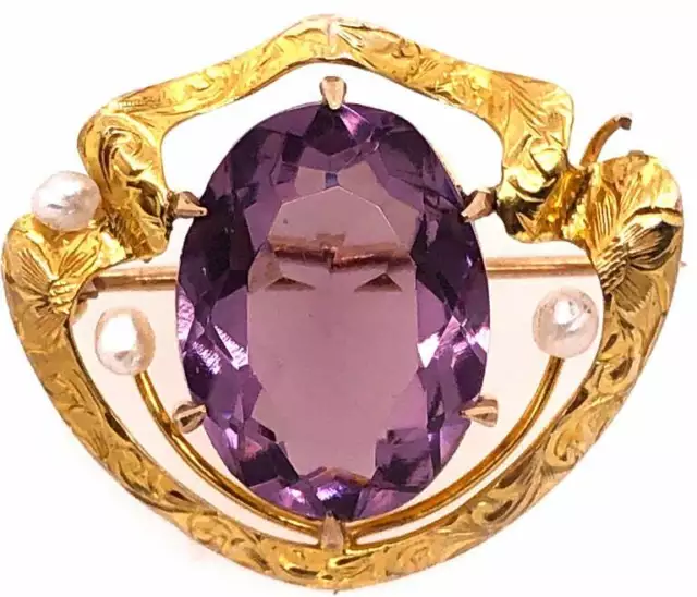 10 Karat Yellow Gold Brooch with Amethyst Center and Pearl Accent 101-1070