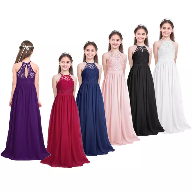 Girls Floral Lace Chiffon Flower Girl Dress Wedding Bridesmaid Formal Prom Gown