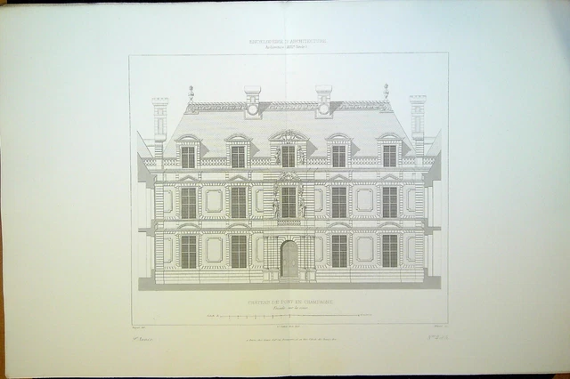 Ancienne Gravure d'Architecture Château de PONT en CHAMPAGNE façade sur la cour