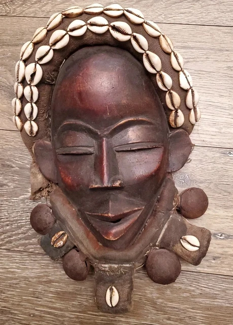 Genuine African Dan Tribe Liberia Hand Carved Wood Mask Cowrie shells wall art
