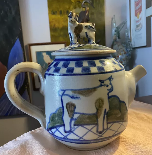 Rare Debbie Dean Cow Themed Ceramic Pottery Teapot with Cow Figurine on Lid