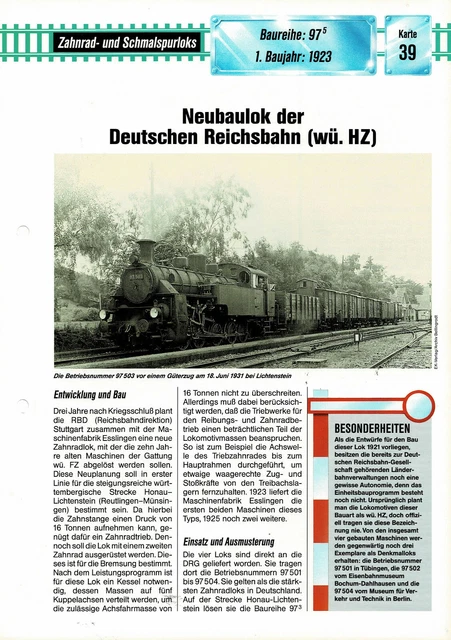 BAUREIHE 97 5, Neubaulok Deutsche Reichsbahn (wü. HZ) Datenblatt EUR