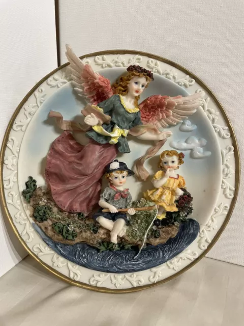 Vintage Guardian Angel watching over Children Fishing Plate (3D)