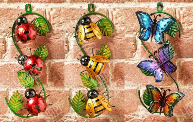 Metal Wall Art Bumble Bee Butterfly Ladybird Leaves Hooks Outdoor Garden Fence