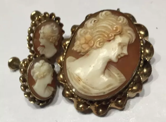 Vtg Signed Van Dell Shell Cameo Set 1/20th-12kGF Pin/Pendent Earrings