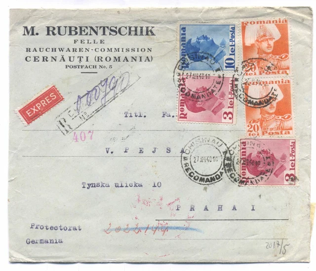Romania Chisinau REGISTERED EXPRES COVER TO Czechoslovakia 1940
