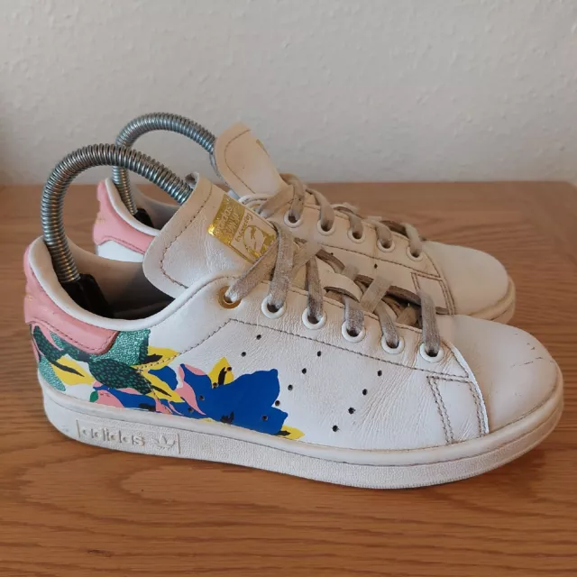 Adidas Stan Smith Her Studio London Floral Butst UK4 White Leather Trainers Used