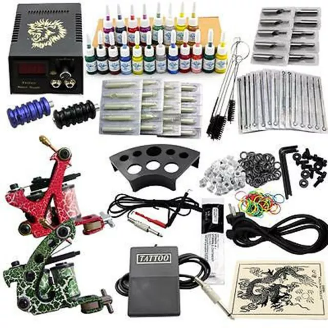 1*Starter Tattoo Kit Complete Set 2 Gun Machine Power Supply 20 Inks 50 Needles