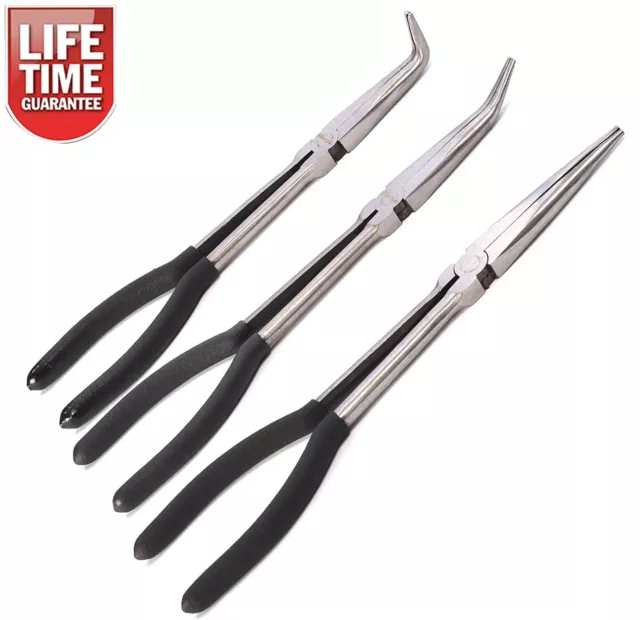 3pc Extra Large 11" 275mm Long Nose Plier Set Straight Bent Tip Mechanics Pliers