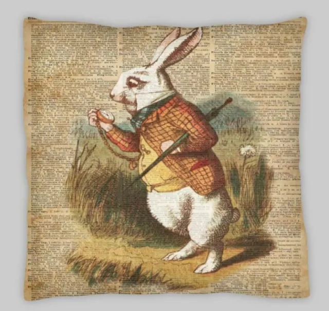 Vintage Alice In Wonderland White Rabbit time Linen Cushion Cover 18x18 inch