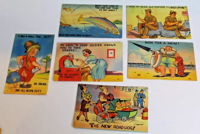Lot 6 Vintage Humorous Linen Cartoon Postcards - 1940's - Some Posted